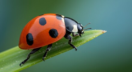 Close-up macro photo of a red ladybug sitting on a green leaf, isolated with blurred background for nature, biology, and insect-themed designs