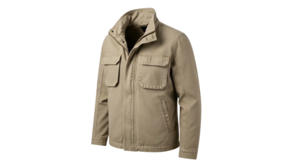 Casual outdoor utility jacket in tan color displayed against a solid black background