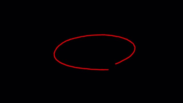 Hand-drawing oval frame circle animation, Handdrawn red circle on dark transparent background. 4k animation video