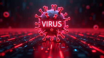 3D rendering of a virus symbol with the word 'VIRUS' illuminated in red, set against a digital circuit background.