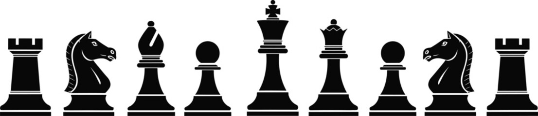 Chess piece lineup vector, black silhouette game illustration, strategic board design elements, classic chess art, cad drawing flat vector illustration © Noman Art