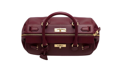 Luxurious burgundy leather handbag features polished gold-tone hardware against a solid black background
