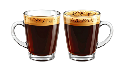 Two tall, clear glass mugs filled with dark, frothy coffee