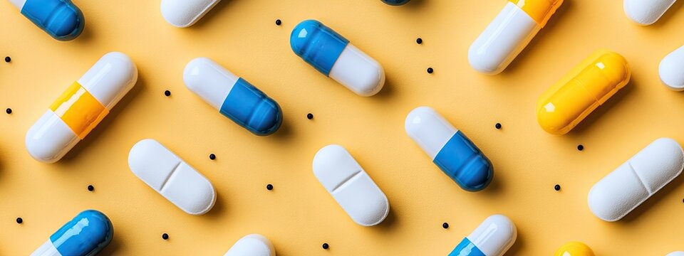 Colorful pill pattern on yellow ground with black dots