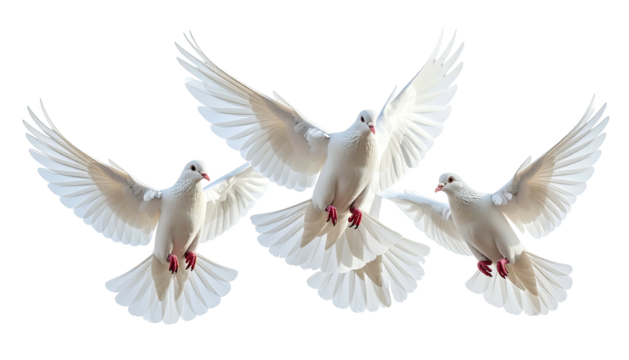 Three white doves soaring, wings spread, in a gentle formation