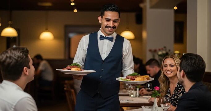 A smiling waiter in a waistcoat and bow tie serves two plates of food to a couple seated at a table in a restaurant.