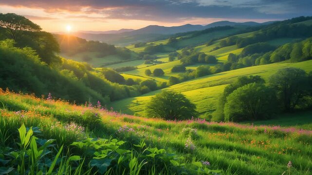 Lush Green Landscape Bathed in Soft Morning Light with Vibrant Foliage and Tranquil Wildflower MeadowBreathtaking Timelapse of Dawn Over Rolling Hills and Vibrant Landscapes
