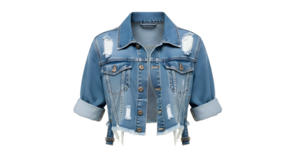 Cropped distressed blue denim outerwear piece features rolled sleeves and frayed hem details