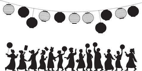 Black silhouette figures in traditional clothing holding balloons and lanterns in a parade festival celebration