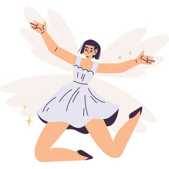 Joyful Woman With Arms Outstretched Wearing a White Dress and Black Shoes with Wings and Sparkles on a Transparent Background Representing Freedom and Happiness