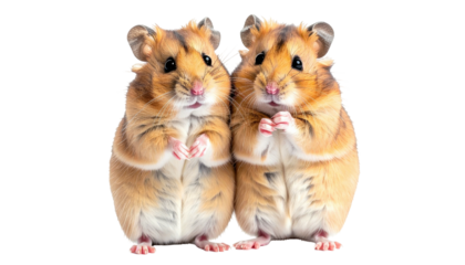Two golden hamsters stand side-by-side on their hind legs
