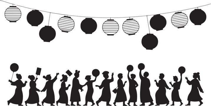 Black silhouette figures in traditional clothing holding balloons and lanterns in a parade festival celebration