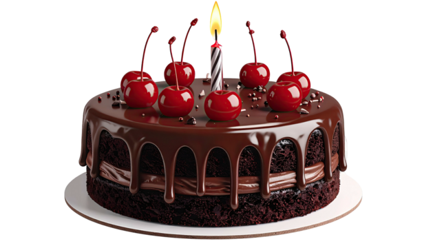 Chocolate cake, lit candle, cherries, dark icing, simple round