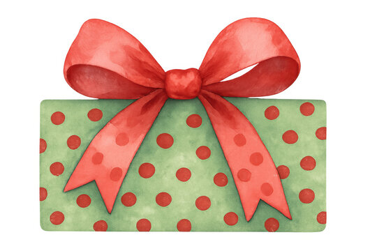 Watercolor christmas gift box with red polka dots and bow, celebrating winter holidays, transparent background