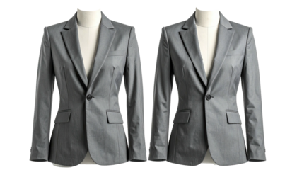 Two gray fitted blazers on mannequins, front view, neutral background