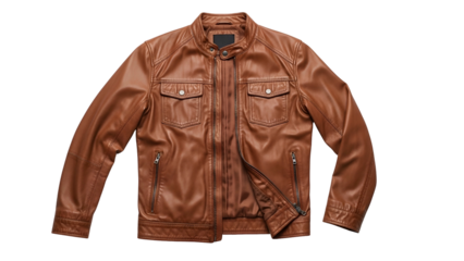 Brown leather jacket with multiple pockets displayed against a solid black background