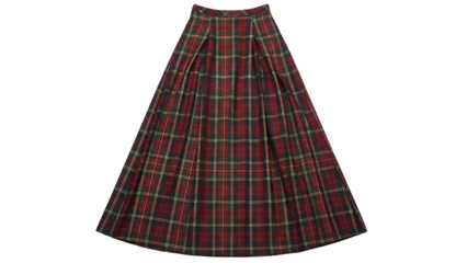 Pleated long garment featuring a classic tartan pattern in shades of red and green