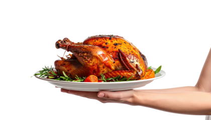 Roasted turkey on plate, held by hand against black background