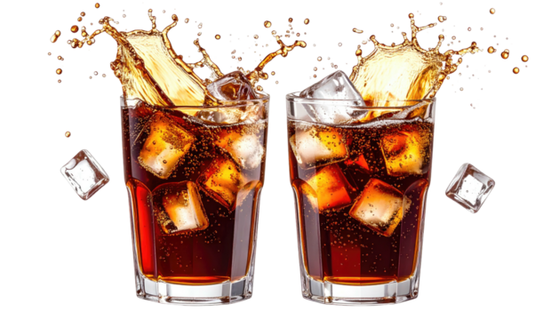 Refreshing fizz dark drink with ice cubes mid-splash in glasses