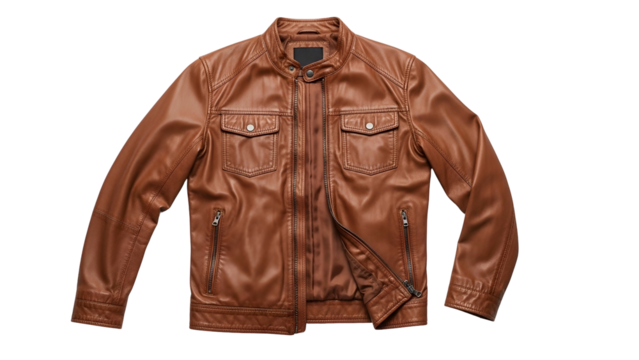 Brown leather jacket with multiple pockets displayed against a solid black background
