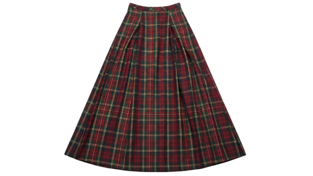 Pleated long garment featuring a classic tartan pattern in shades of red and green