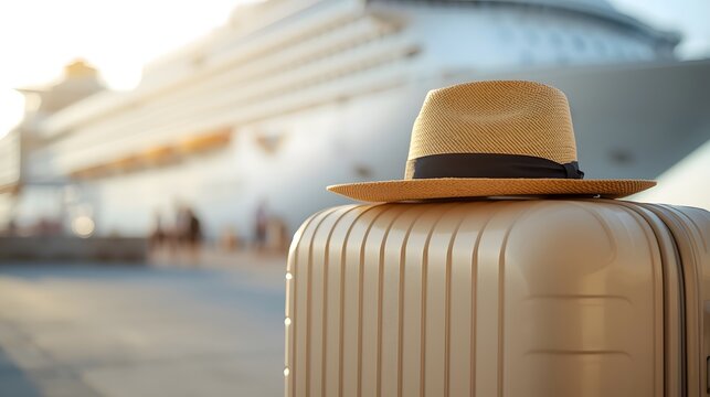 Close-up of a stylish straw hat resting on a beige suitcase with a luxury cruise ship in the background, symbolizing travel, vacation, adventure, and summer holiday lifestyle by the sea