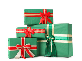 Green Christmas gift boxes on white background