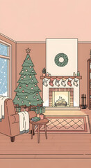 Festive Christmas Scene with Tree and Fireplace Illustration