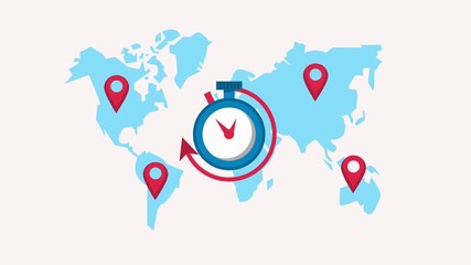 World map with stopwatch and location markers indicating time and travel globe timer - Powered by Adobe