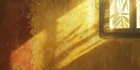 Sunlight on textured yellow wall, shadow of leaves, window