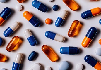 Assorted pills, capsules, and tablets scattered on white