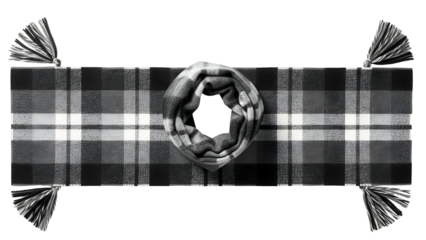 Folded and displayed woolen winter accessory features a contrasting plaid pattern against a solid dark background.