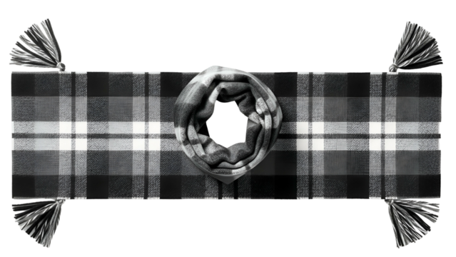 Folded and displayed woolen winter accessory features a contrasting plaid pattern against a solid dark background.