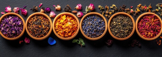 Variety of dried flower teas in wooden bowls on dark surface