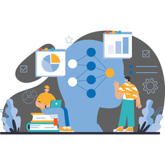 AI Network Diagram Illustrates Neural Network Concept with Charts and People Analyzing Data in a Light Blue and Gray Color Palette