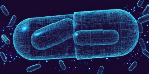Wireframe capsule pill with floating, smaller capsules