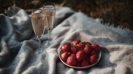 A romantic picnic for two featuring champagne and fresh strawberries on a soft blanket outdoors