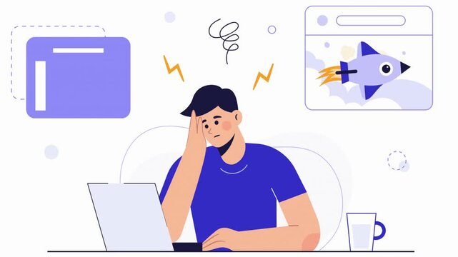 Stressed man at laptop with rocket and browser window illustration frustration burnout