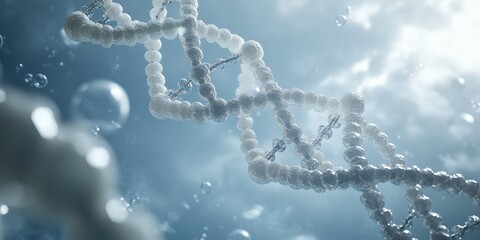 DNA strand model in soft blue, with bubble details