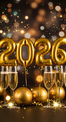 Celebrating 2026 with Champagne and Golden Decorations Sparkly New Year