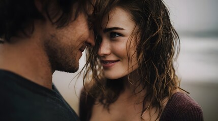A romantic couple sharing an intimate moment on a beach looking deeply into each other s eyes
