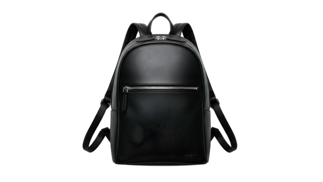 Sleek black leather backpack floats against a completely dark background