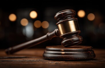 Elegant Wooden Gavel on Judge's Desk with Blurred Background Soft Light in Courtroom Setting