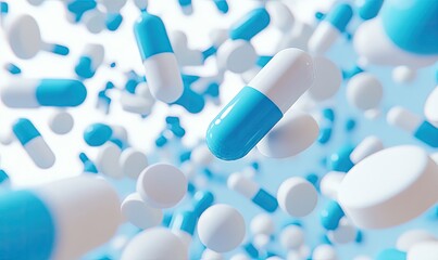 Pills and capsules float in a blue-white hazy background
