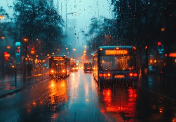 Rainy city street, bus lights blurred through wet window