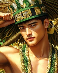 Close-Up Portrait of a Young Filipino Person in Traditional Attire and Headdress