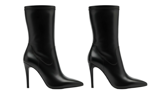 Pair of sleek black leather stiletto ankle boots displayed against a solid dark background