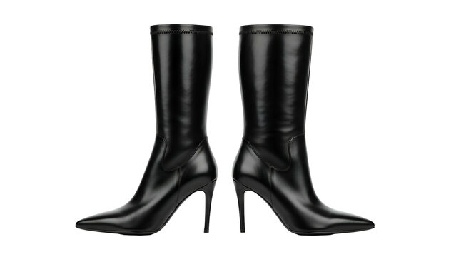 Pair of sleek, high-heeled leather boots displayed against a solid black background.
