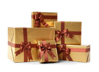 Golden Christmas gift boxes on white background