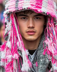 Close-Up Portrait of a Thai Person in Colorful Traditional Hat with Unique Textures